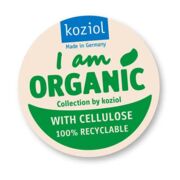rundes Logo mit "I am Organic. With cellulose. 100% Recyclable."