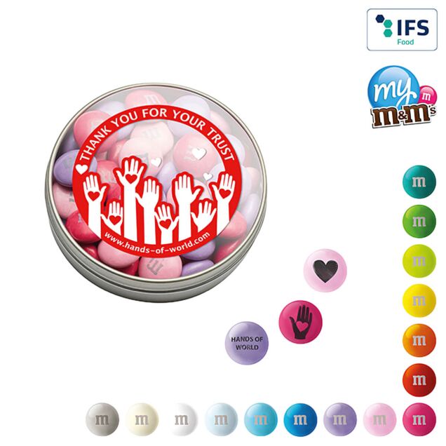M&Ms mit Werbedruck eine bedruckbare Dose, in der M&M's vorhanden sind