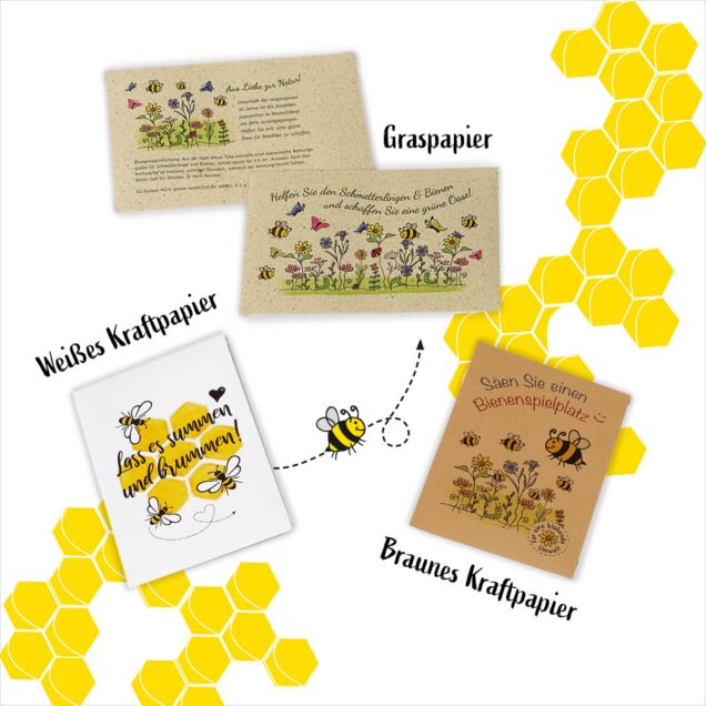 Kraftpapier- und Graspapiertütchen mit Bienenblumensamen für Ihre blühende Werbebotschaft