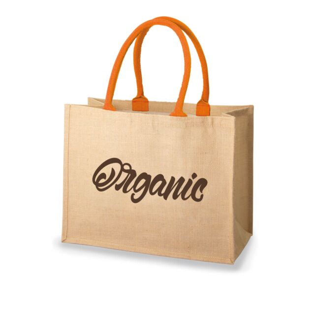 Poduktbild: Jutefaser Tasche mit orangenen Henkeln und individuellem Druck.