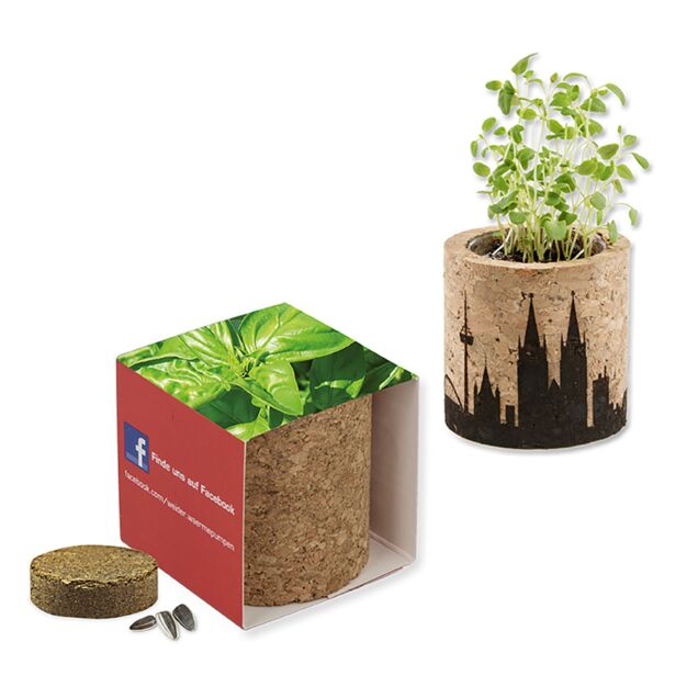 bedruckter Korktopf mit individuell gestaltbarer Verpackung.