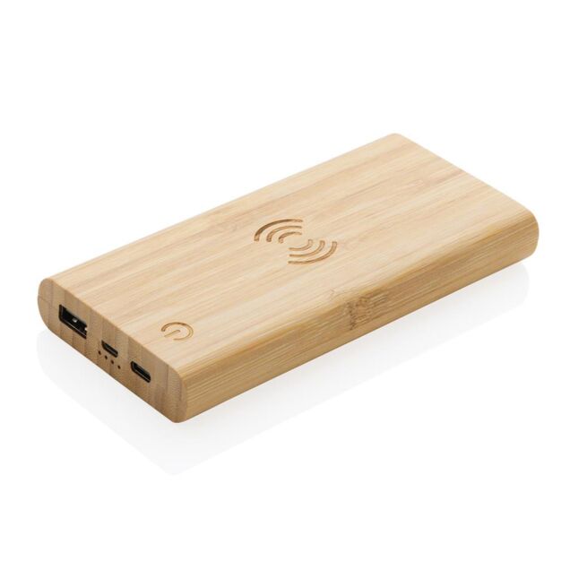 Induktive Powerbank aus Bambus verdelbar Abbildung der Powerbank. Rechteckig aus Bambus mit induktivem Laden, sowie mit verschiedene Anschlüssen zum Laden.