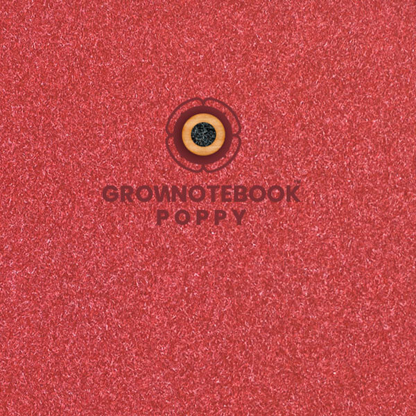 Nahaufnahme eines dunkelroten Growbooks mit Mohnsamen auf dem Cover.