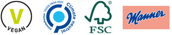 vegan, Climate neutral, FSC, Manner-Logo