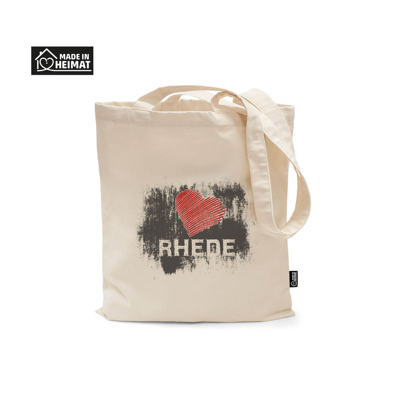 Baumwolltasche Rhede Made in Heimat mit Druck Produktbild: Baumwolltasche mit langen Henkeln, individuellen Druck und Label "Made in Heimat"